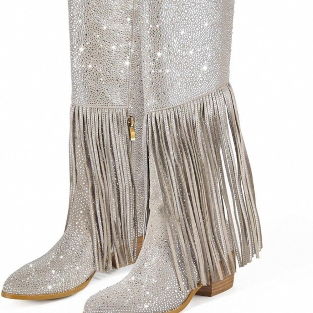 Rhinestone Fringe Knee High Boots Silver‎ Western Festival Cowgirl Boho S6 NWT